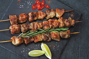 Fresh hot kebab with rosemary, lime and chili. Keto diet. Paleo diet. Pegan diet.