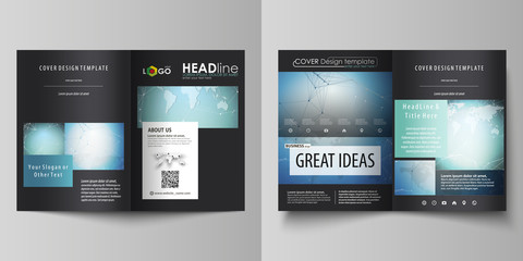 The black colored vector illustration of the editable layout of two A4 format modern covers design templates for brochure, flyer, booklet. Chemistry pattern, connecting lines and dots. Medical concept