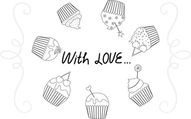 Vector illustration of black and white greeting card cupcakes