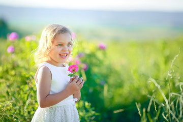 Little girl in a blooming field of color. Girl with curly Golden hair