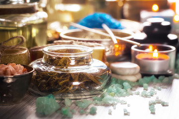Items for spa massage in the composition on the table