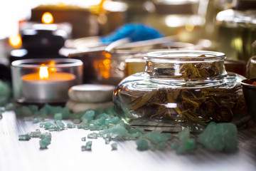 Items for spa massage in the composition on the table