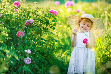 A little girl wearing flower yellow dress with white hat and stand in the yellow flower field of Sunn Hemp Crotalaria Juncea