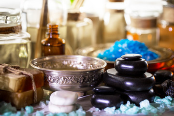 Items for spa massage in the composition on the table
