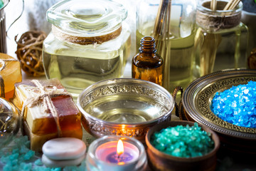 Items for spa massage in the composition on the table