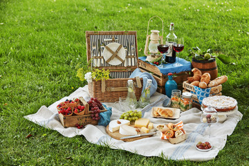 Gourmet picnic spread with wine and dessert - obrazy, fototapety, plakaty