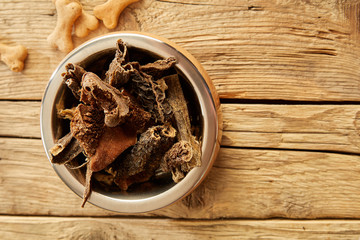 Bowl of rough raw tripe or offal for a dog