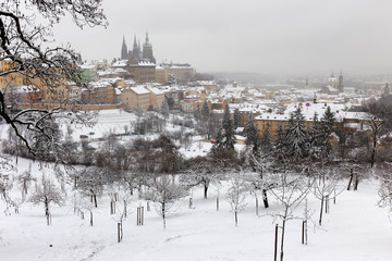 Fototapeta premium Snowy foggy Prague City with gothic Castle from Hill Petrin, Czech republic
