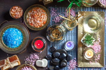 Items for spa massage in the composition on the table