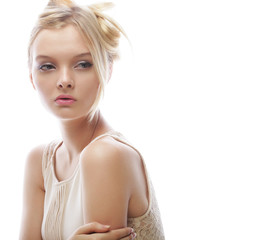 blonde girl on white background close-up