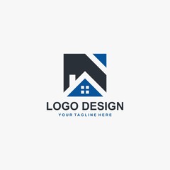 Real estate company logo design. Home blue vector. Property management logo.