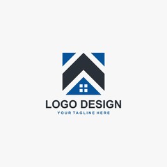 Real estate company logo design. Home blue vector. Property management logo.