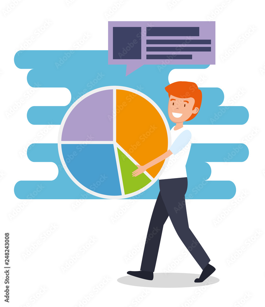 Poster man with statistics diagram and chat bubble