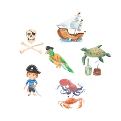 Fototapete Piraten Piratenabenteuer Piratenparty Kindergarten-Piratenparty für Kinder Abenteuer, Schatz, Kinderzeichnungsmuster für Banner, Broschüren, Broschüren, Einladungen. Aquarellmalerei