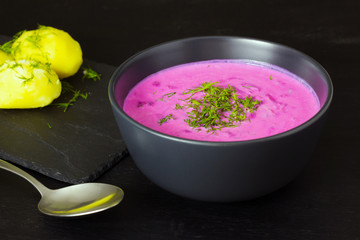 Lithuanian cold soup with beetroot and kefir. National cuisine.