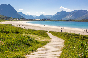 Ramberg beach and mountains in Lofoten in Norway
