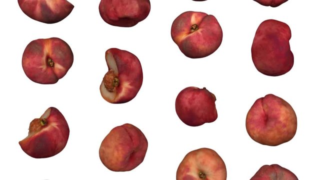 Realistic render of falling saturn peaches on white background. The video is seamlessly looping, and the objects are 3D scanned from real peaches.