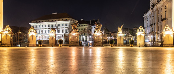 Main Gate of Prague Castle with Statue of Battling Titans at Hradcanske Square, Prague, Czech...
