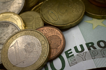 European money, banknotes and coins, closeup
