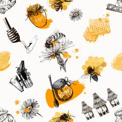 Seamless pattern of hand drawn sketch style beekeeping themed objects isolated on white background. Vector illustration.