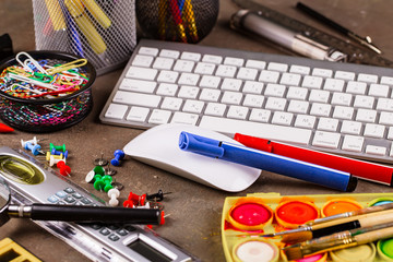Back to school. Items for school classes in the composition on the table.