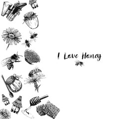 Composition of hand drawn sketch style beekeeping themed objects "I love honey". Vector illustration.