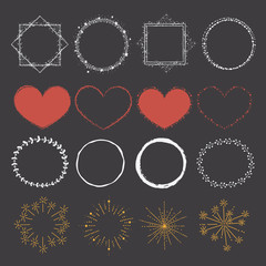 Set of Hand Drawn Doodle Heart, Round, Square Frames and Fireworks.
