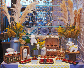 Concept candy bar with felted toy labs decorated with fresh berry cupcakes