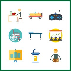 9 sitting icon. Vector illustration sitting set. gamepad and presentation icons for sitting works