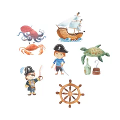 Fototapete Piraten Piratenabenteuer Piratenparty Kindergarten-Piratenparty für Kinder Abenteuer, Schatz, Kinderzeichnungsmuster für Banner, Broschüren, Broschüren, Einladungen. Aquarellmalerei
