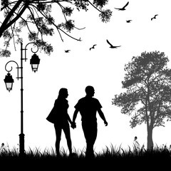Romantic couple silhouette walking in the park