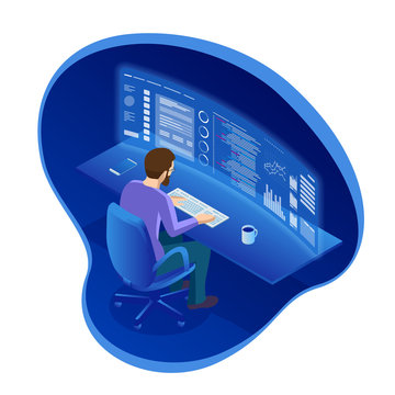 Isometric Programmer Working In A Software Develop Company Office Or Businessman Trading Stocks. The Stock Trader Is Looking At Graphs, Indexes And Numbers On Virtual Multiple Computer Screens