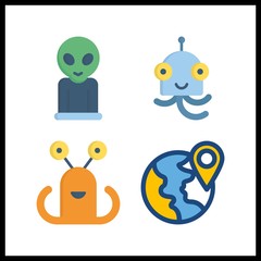 4 glow icon. Vector illustration glow set. planet earth and alien icons for glow works