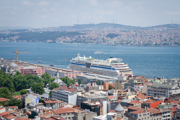 Fototapeta na wymiar Turkish white 9-storey cruise ship standing in the Bosphorus Strait on the pier, on the background of another island