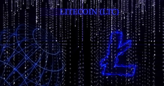 Glowing Litecoin (LTC) symbol against the falling binary code symbols