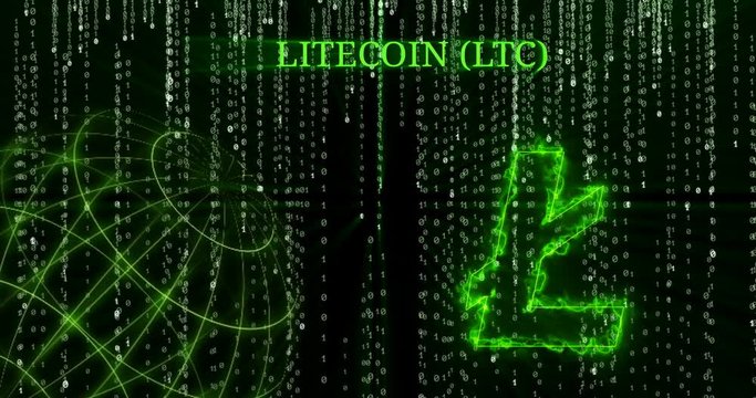 Glowing Litecoin (LTC) symbol against the falling binary code symbols