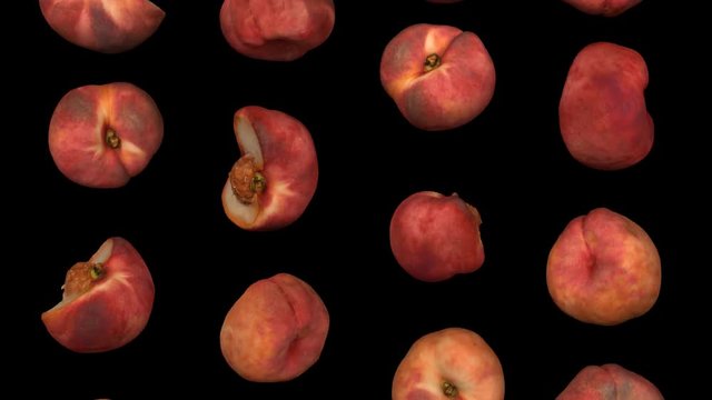 Realistic render of falling saturn peaches on transparent background (with alpha channel). The video is seamlessly looping, and the objects are 3D scanned from real peaches.