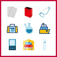 9 container icon. Vector illustration container set. medicine and transportation icons for container works