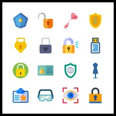 16 access icon. Vector illustration access set. shield and shopping tolls icons for access works