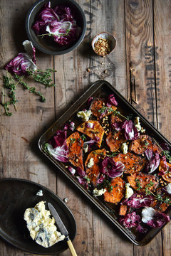 Honey and lemon thyme roasted pumpkin with blue cheese and radicchio