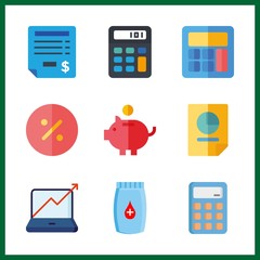 9 account icon. Vector illustration account set. percentage and bank for medicine icons for account works