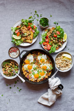 Salad, Toast with beans and shakshuka