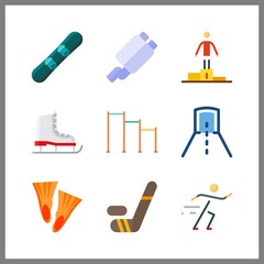 9 sports icon. Vector illustration sports set. horizontal bar and exhaust pipe icons for sports works