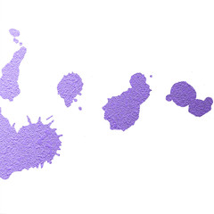 Violet ink splashes and stains on the white isolated background. Chaotic stylish abstract organic design.