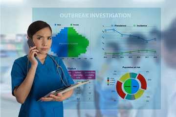 Female doctor with health statistics tables and charts on background.