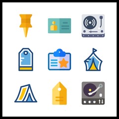 9 label icon. Vector illustration label set. turntable and tent icons for label works