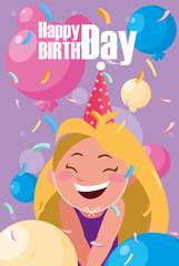 Obraz na płótnie Canvas birthday card with little girl celebrating