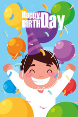 Naklejka premium birthday card with little boy celebrating
