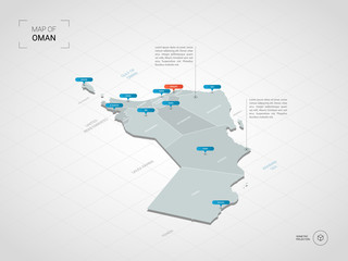 Isometric  3D Oman map. Stylized vector map illustration with cities, borders, capital, administrative divisions and pointer marks; gradient background with grid.