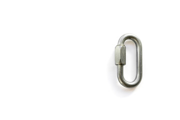 Steel quick link climbing gear piece, isolated on white background, with copy space. Closed silver 8mm maillon for sport and trad climbing.